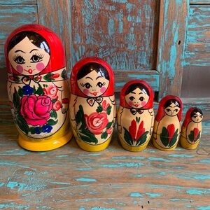 Painted Colorful Festive Wooden Nesting Dolls set of 5 Martyoshka Style Decor
